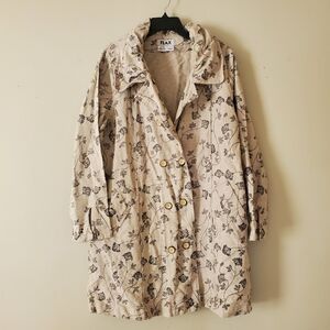 Flax Linen Cotton Floral Pattern Natural Tones Double Breast Button Size Medium